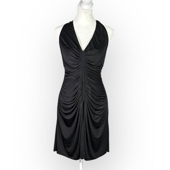 Jill Jill Stuart Mini Dress Womens 8 Black Halter Ruched A-Line Open Back Jersey - Picture 1 of 8